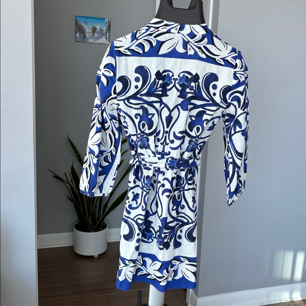 ZARA white and blue floral print linen blend shirt dress. - Picture 4 of 7